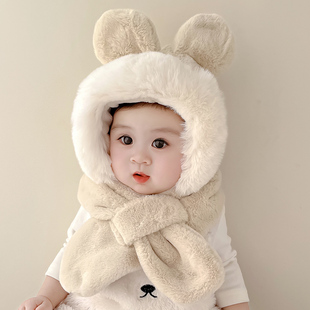 儿童帽子秋冬季围巾一体毛绒男童女童兔子婴儿冬天宝宝连体保暖帽