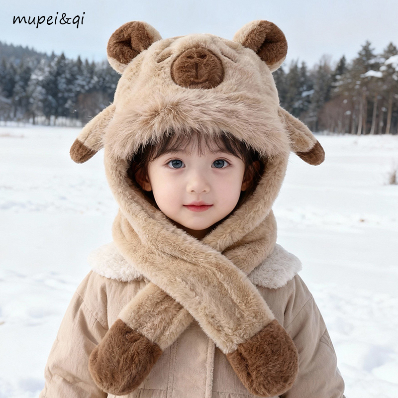 儿童毛绒小熊帽子围巾一体会动