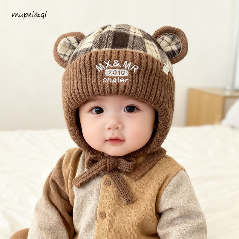 宝宝雷锋帽秋冬季男童护耳帽韩版字母格子女婴儿套头保暖防风厚款