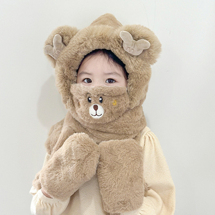 儿童毛绒一体帽子围脖手套三件套韩版冬季男女童加绒加厚宝宝防风