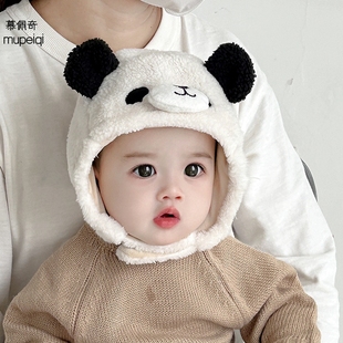 宝宝帽子秋冬季护耳帽韩版男童女婴儿熊猫雷锋帽羊羔毛加绒保暖厚
