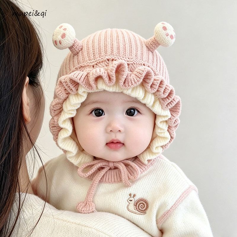 宝宝帽子秋冬季针织护耳帽可爱花朵公主荷叶边女童保暖加厚婴儿帽