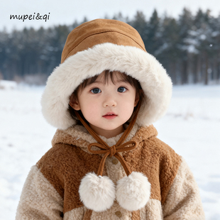 女童护耳帽子冬季加厚韩版毛球男女童加绒宝宝冬天儿童保暖渔夫帽