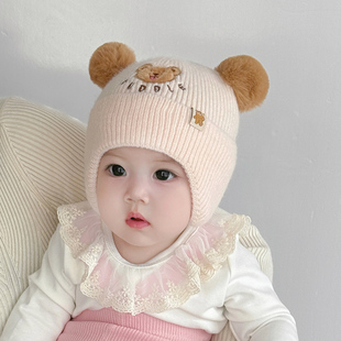 婴幼儿帽子秋冬季针织护耳帽男童女宝宝小月龄韩版毛球毛线帽保暖