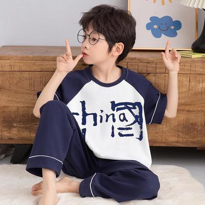 儿童家居服男童纯棉睡衣短袖长裤夏季2025中大童男孩洋派三件套装
