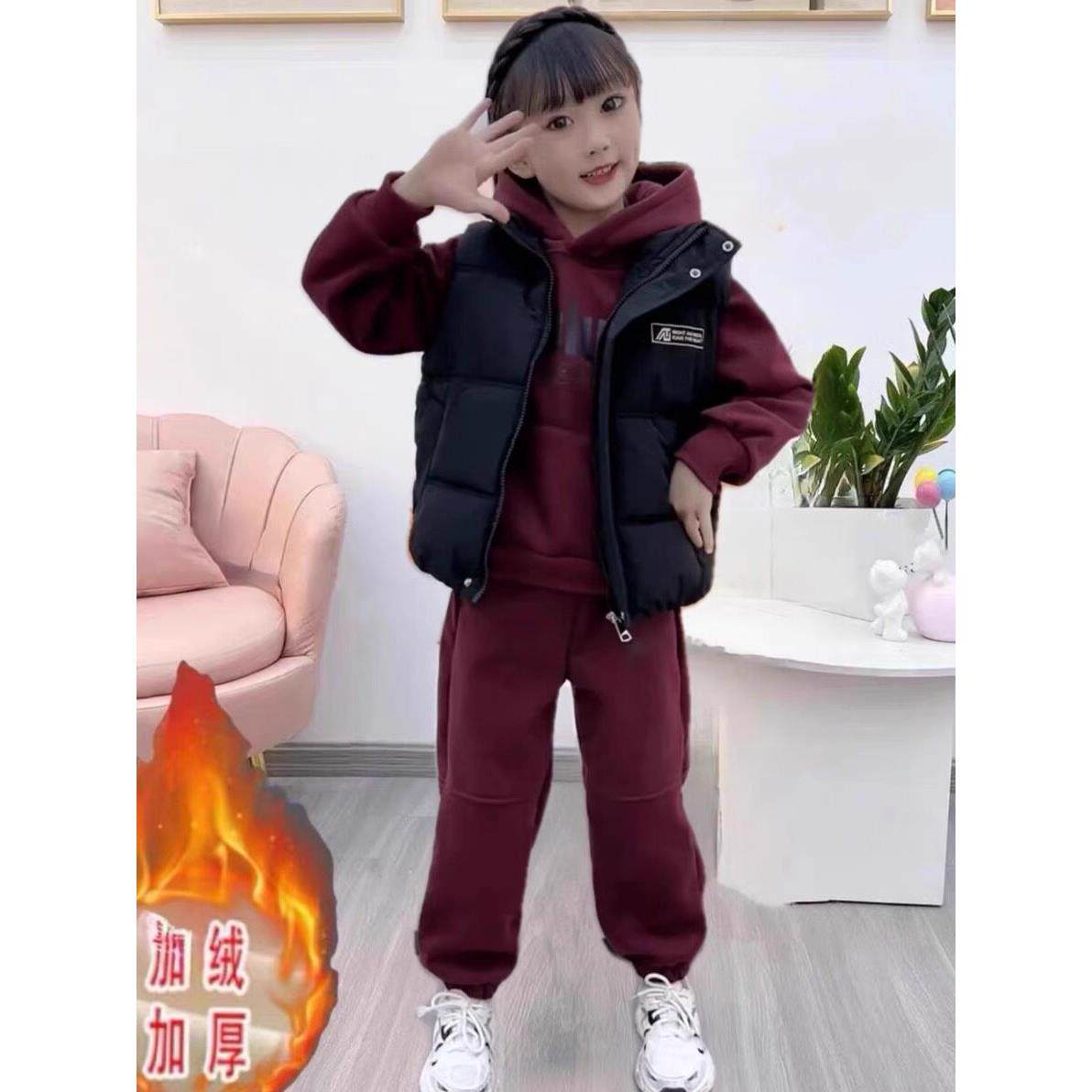 女童冬季套装2024新款洋气网红儿童秋冬中大童加绒加厚卫衣三件套