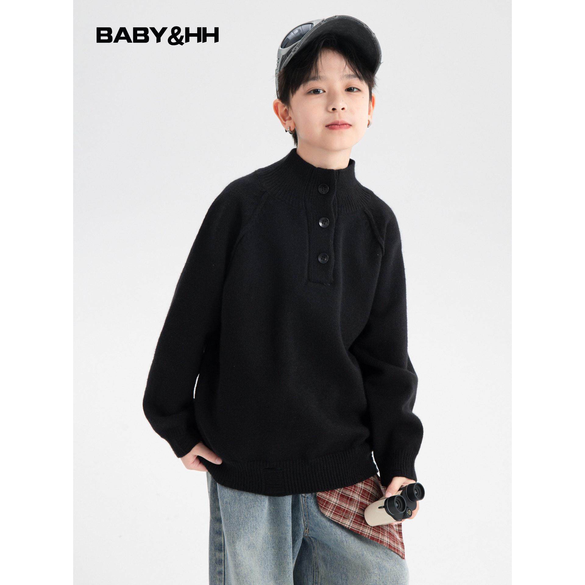 男童冬装韩范黑色加厚半高领毛衣2025新款学生儿童半开衫针织外套
