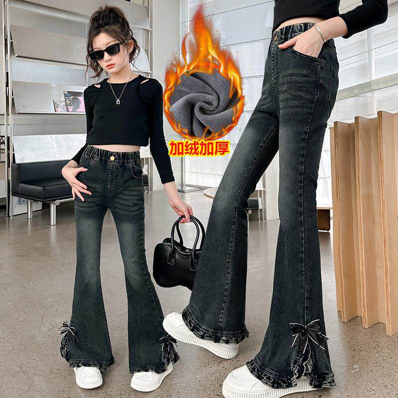 女童加绒牛仔裤秋冬新款中大童一体绒加厚裤子洋气儿童弹力喇叭裤