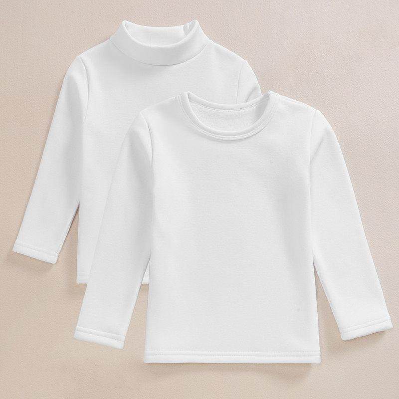 加绒儿童打底衫秋冬圆领长袖白色t恤纯棉男 女童半高领加厚保暖衣