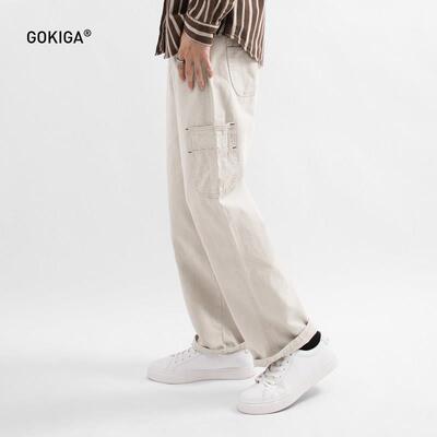 GOKIGA日系宽松休闲纯棉阔腿长裤潮流口袋直筒工装裤男春夏季9002