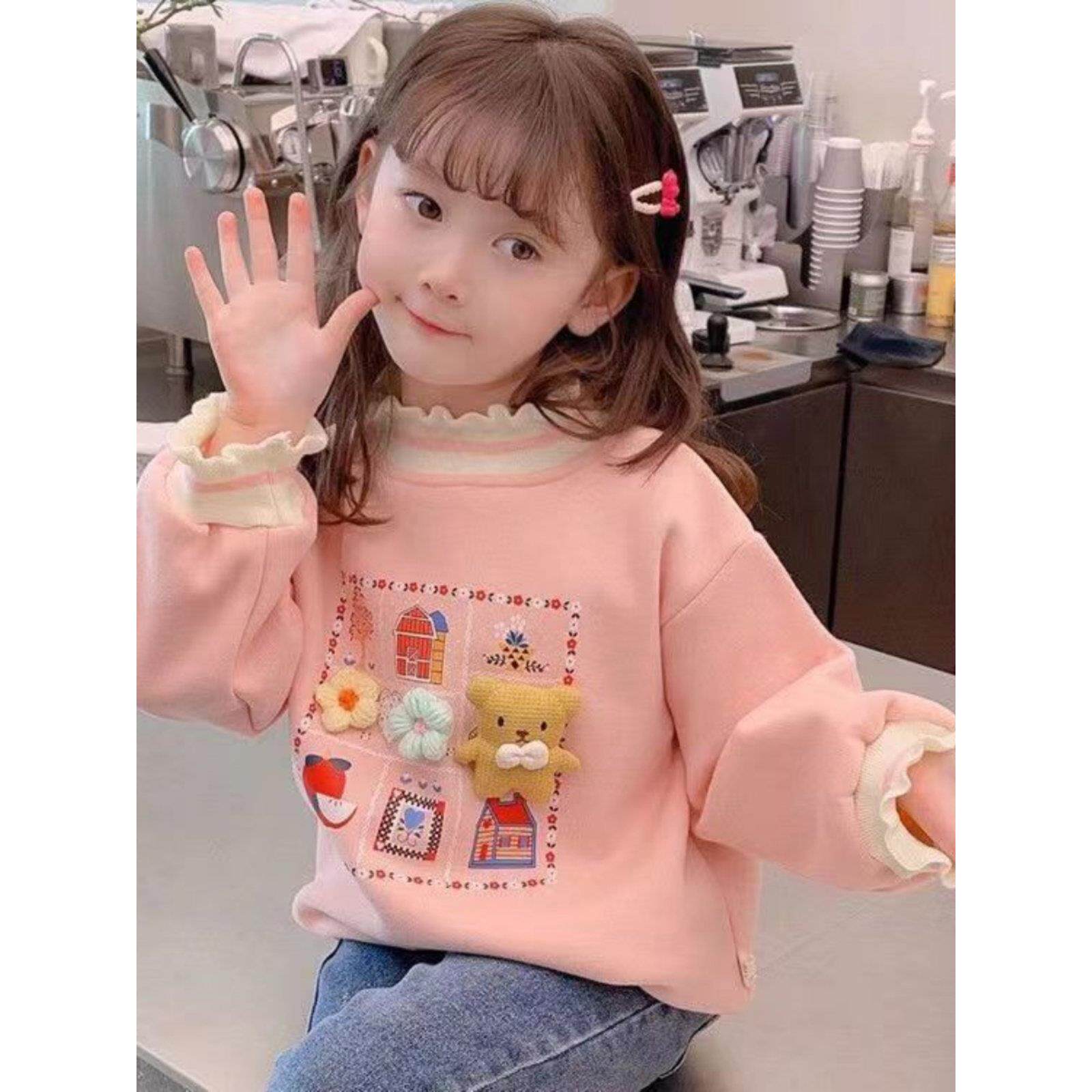 女童加绒卫衣冬装2025新款女孩洋气木耳边半高领儿童加厚保暖上衣