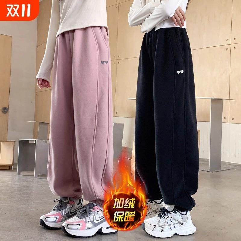 女童卫裤秋冬款2025新款儿童女孩加绒黑色裤子大童秋季休闲运动裤