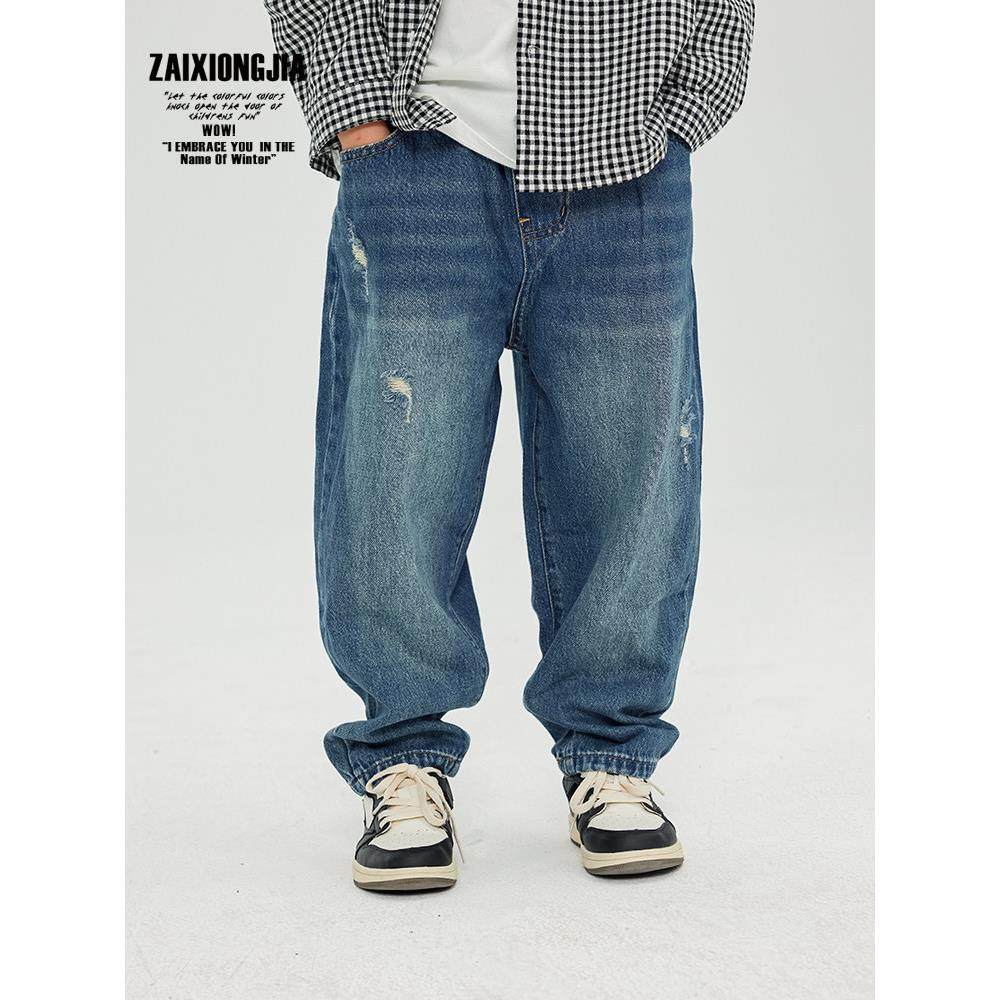 【新增加绒】蓝色破洞牛仔长裤童裤春秋新品百搭软松紧腰童装宽松,童装/婴儿装/亲子装,儿童牛仔裤,淘宝优惠券,粉丝福利购,淘宝优惠卷