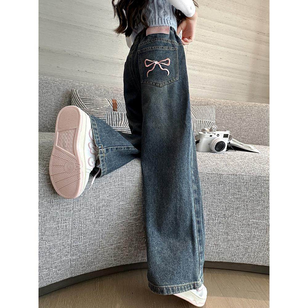 女童牛仔裤2025新款春秋宽松阔腿裤初中学生儿童裤子女大童直筒裤