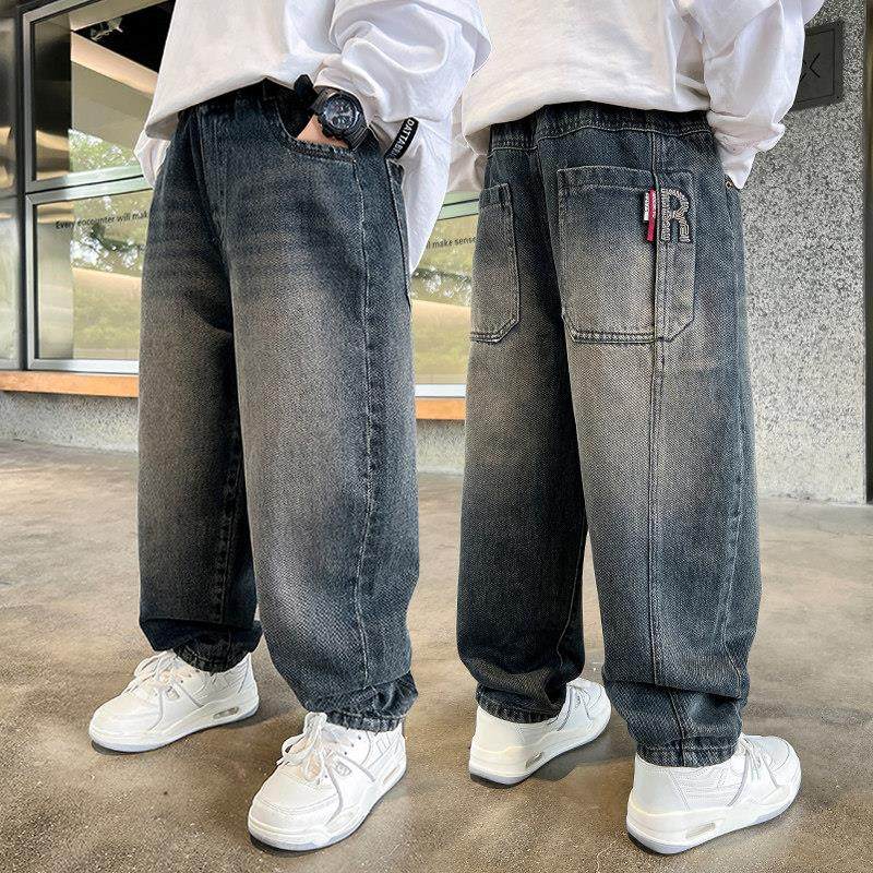 男童裤子加绒春秋款2025新款中大童装直筒冬季儿童帅气时髦牛仔裤