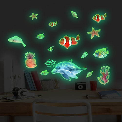 夜光贴纸水彩绿光海洋海豚小鱼