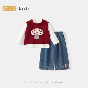 女童春装套装2026新款儿童洋气小公主宝宝马甲春季时髦穿搭三件套