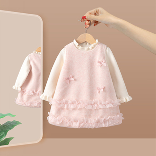 儿童背心裙子 宝宝周岁礼服秋冬季 女童连衣裙套装 洋气时髦2025新款