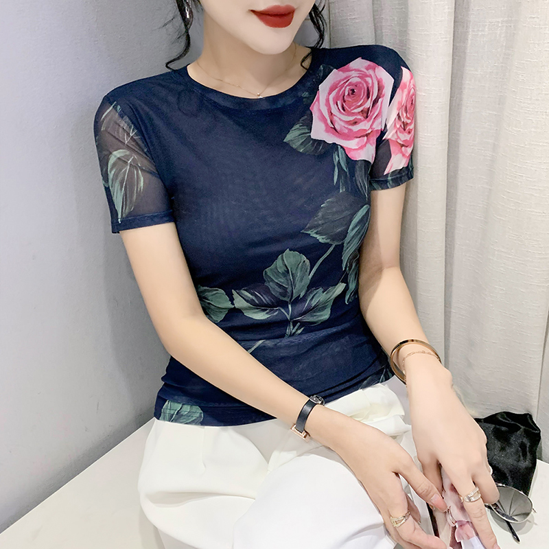 欧洲站2023夏季新款时尚性感网纱T恤女短袖印花上衣洋气圆领小衫