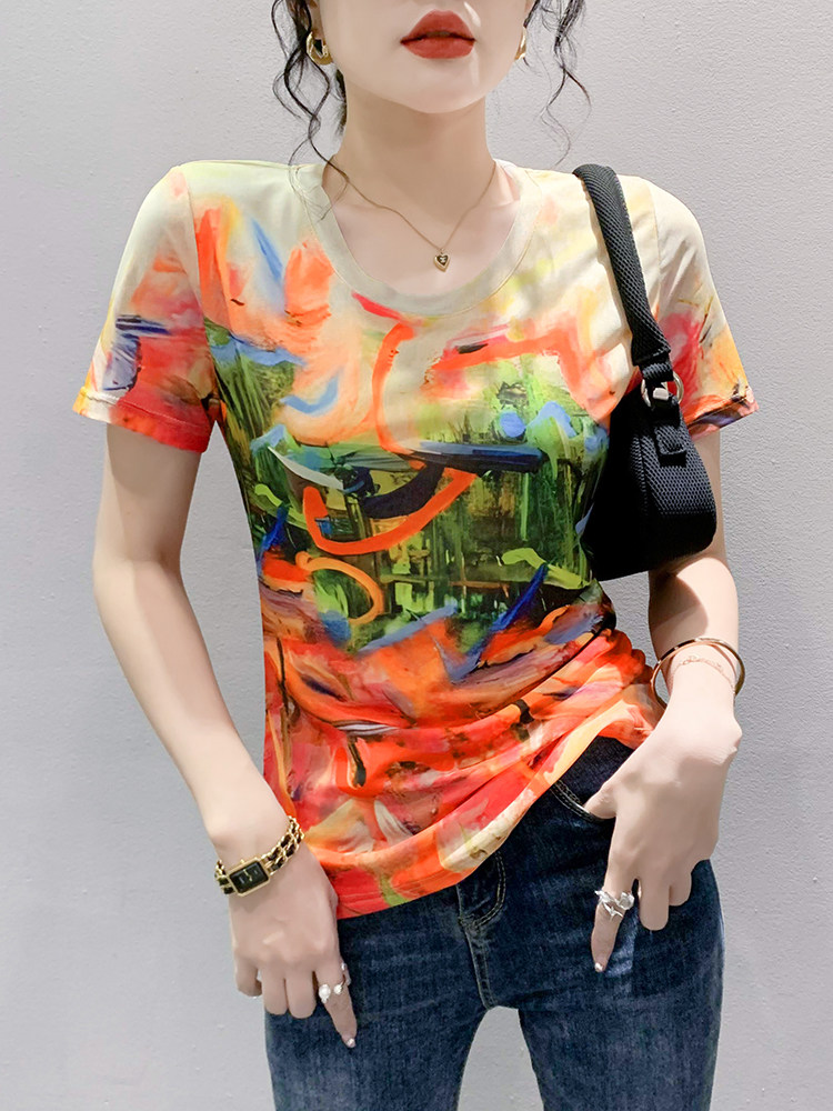 패션 프린트 라운드 넥 티셔츠 여성 반팔 여름 유럽 스트레치 메쉬 탑 슬림 피트 반팔 셔츠 유행