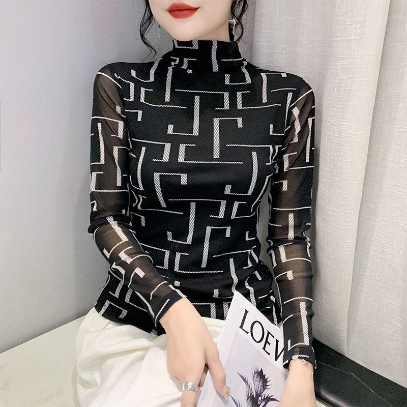 가을 겨울 여성용 하프 터틀넥 밑단 셔츠 유럽 패션 프린트 긴 소매 티셔츠와 트렌디한 웨스턴 스타일의 탑