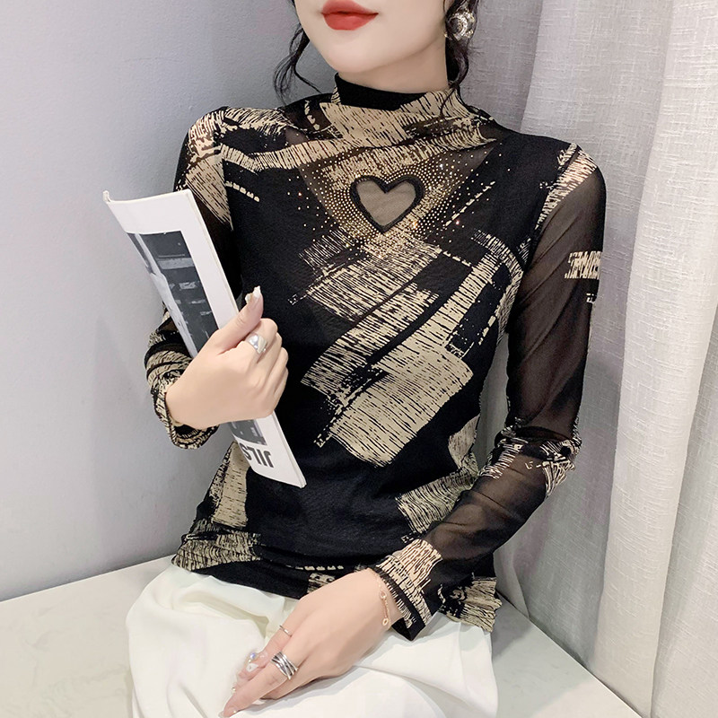 유럽 ??역 가을 겨울 섹시 할로우 메쉬 탑 꽉 끼는 반 거북이 칼라 바닥 셔츠 여성 긴 소매 핫 다이아몬드 탑