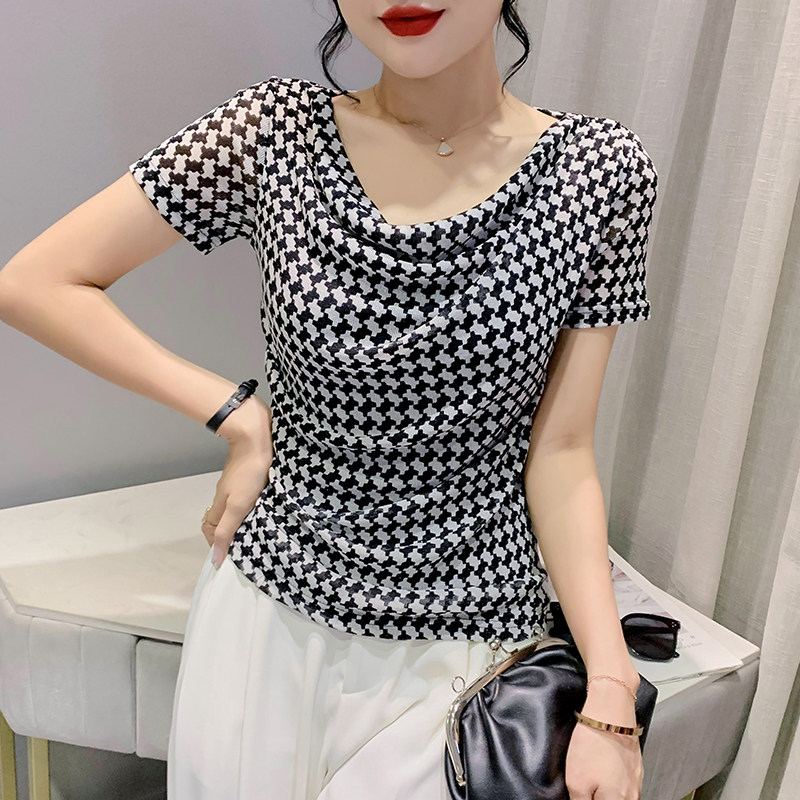 세련된 HOUNDSTOOTH 티셔츠 여성 반팔 여름 드레스 유럽 스타일 주름 탑 슬림 섹시한 메쉬 셔츠 유행