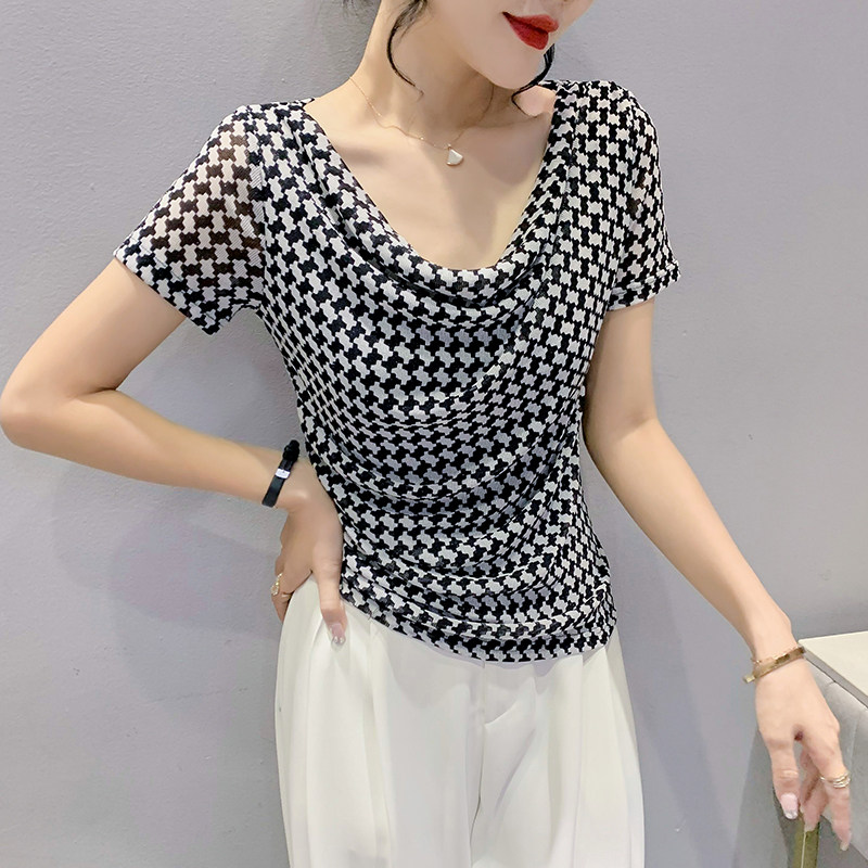 세련된 HOUNDSTOOTH 티셔츠 여성 반팔 여름 드레스 유럽 스타일 주름 탑 슬림 섹시한 메쉬 셔츠 유행