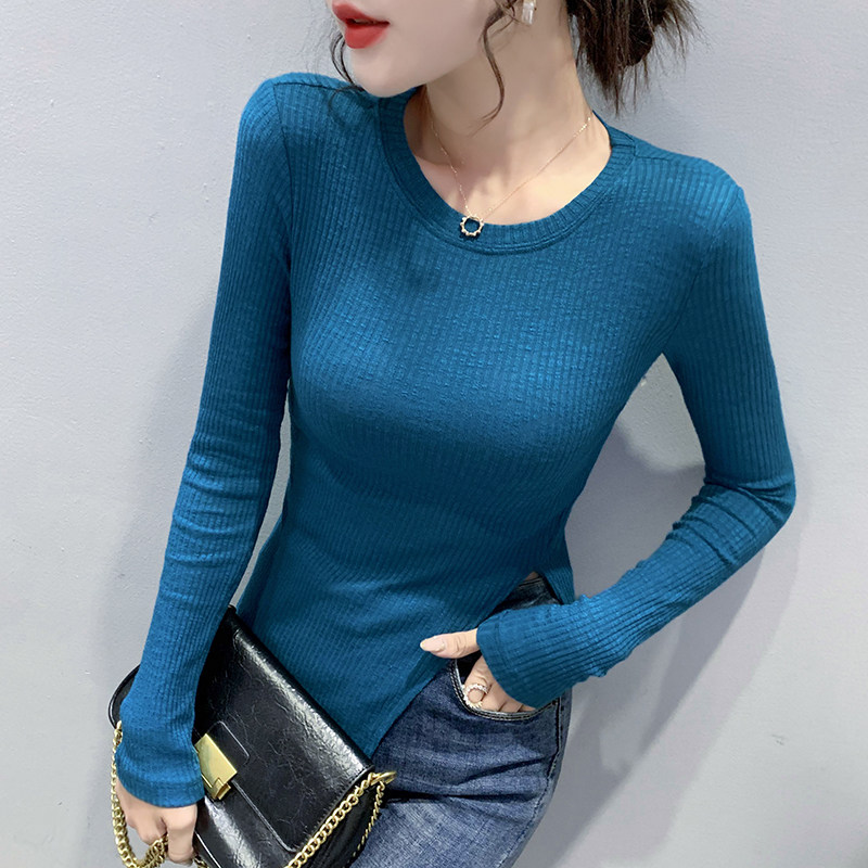 불규칙 슬릿 티셔츠 여성 긴팔 가을 겨울 세련된 디자인 웨스턴 틈새 탑 타이트 내부 레이어링 셔츠