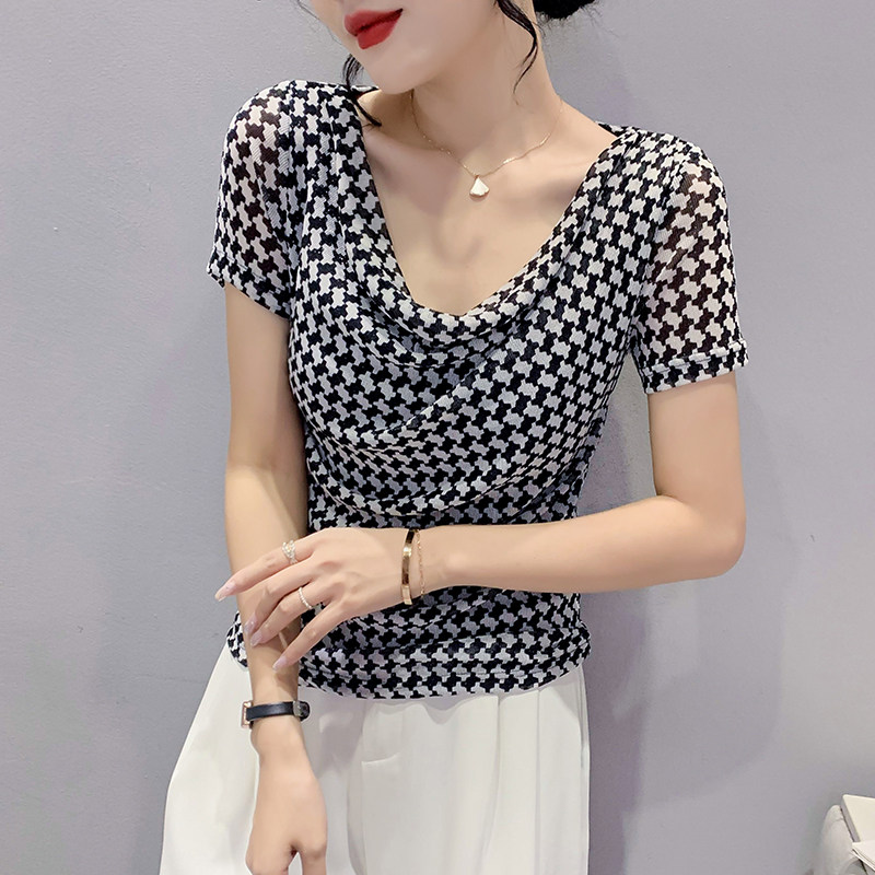 세련된 HOUNDSTOOTH 티셔츠 여성 반팔 여름 드레스 유럽 스타일 주름 탑 슬림 섹시한 메쉬 셔츠 유행