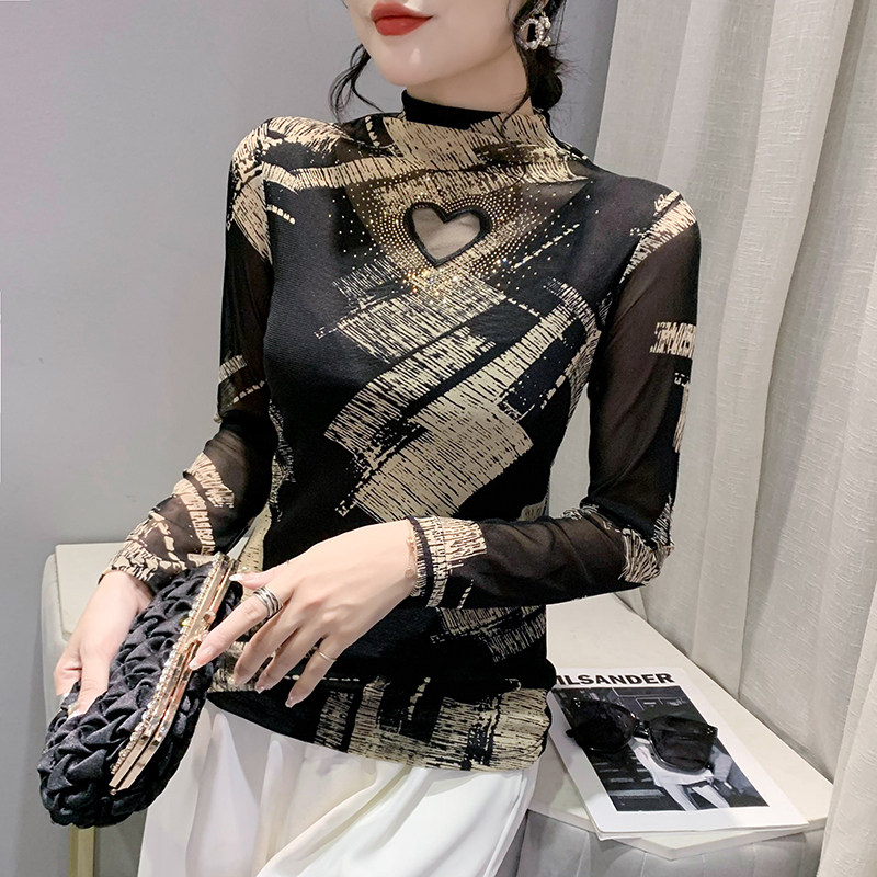 유럽 ??역 가을 겨울 섹시 할로우 메쉬 탑 꽉 끼는 반 거북이 칼라 바닥 셔츠 여성 긴 소매 핫 다이아몬드 탑