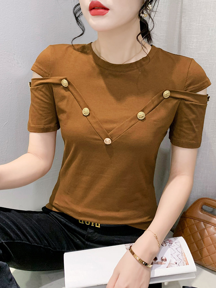 유럽 ????역 2024 여름 새로운 스타일 세련된 오프 숄더 티셔츠 여성 반팔 유행 탑 슬리밍 반팔 티셔츠