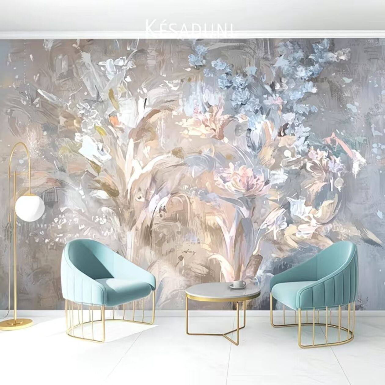 欧式抽象墙纸客厅电视背景墙壁纸法式轻奢风复古油画花卉墙布壁布