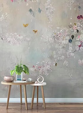 欧式客厅电视背景墙壁纸卧室手绘油画风格墙纸美式田园墙布灰色