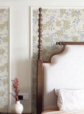 轻法式复古壁纸卧室军绿色植物花卉电视背景墙布定制壁画壁布