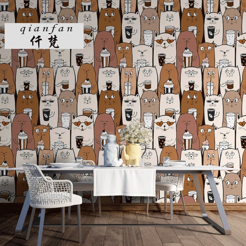 火车猫咪墙纸咖啡厅壁纸卡通儿童房壁纸个性无缝墙布壁布背景墙