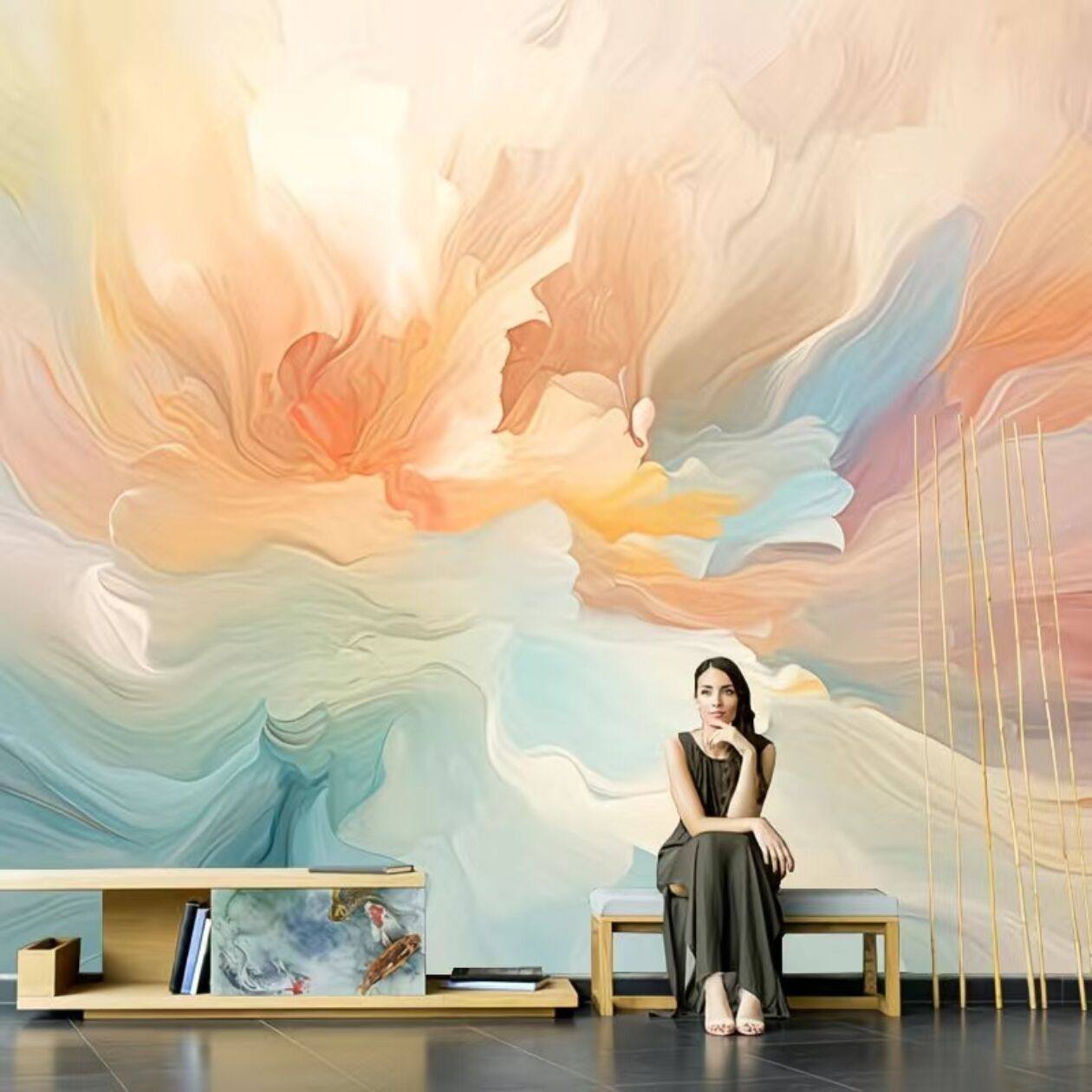 北欧手绘涂鸦艺术壁画个性抽象油画客厅电视背景墙纸沙发壁纸墙布