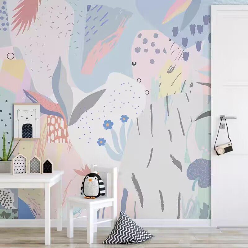 北欧涂鸦植物墙纸儿童房卧室定制壁纸壁布客厅沙发背景墙抽象壁画