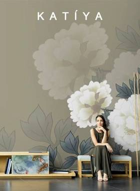 北欧简约手绘花卉墙布蓝色复古花瓣壁纸无缝壁画电视沙发背景墙布