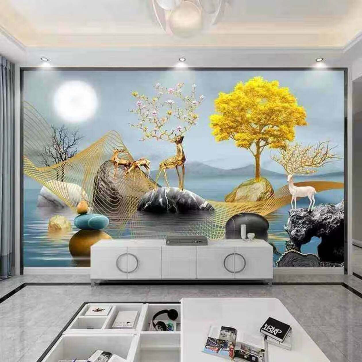 10d立体麋鹿画电视背景墙壁纸3d新款网红中式客厅墙布壁画