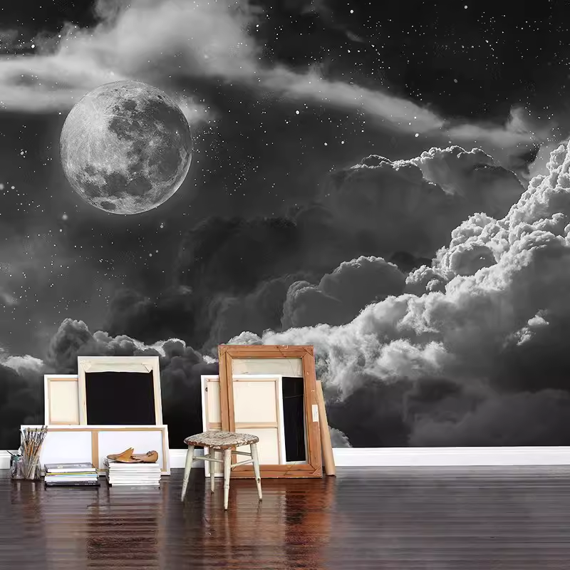 黑白艺术3D星空星球壁纸简约咖啡餐厅休闲吧壁画床头卧室墙布墙纸,家装主材,定制壁画,淘宝优惠券,粉丝福利购,淘宝优惠卷