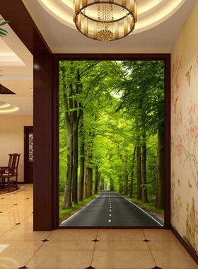 树林玄关绿色环保好寓意路路通空间假框延伸3D空间林荫大道壁画