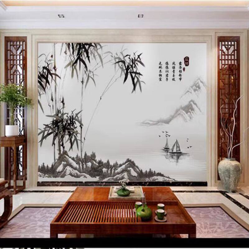 3d抽象水墨山水风景写意墙纸新中式电视背景壁纸客厅沙发壁画墙布