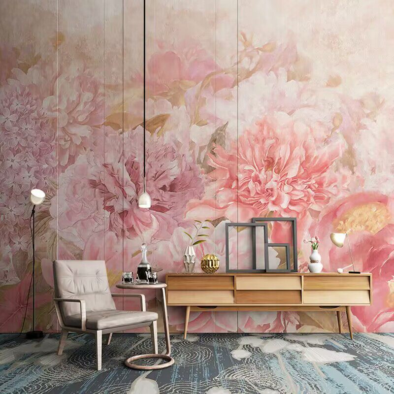 现代北欧手绘花卉壁纸美式粉色花朵沙发背景墙布卧室餐厅定制壁画