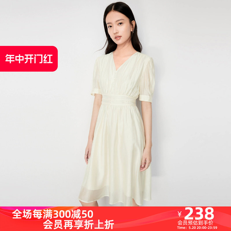 LILY奥莱秋新款女装温柔纯色气质V领洋气高腰短袖连衣裙小白裙女