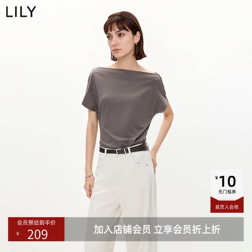 ~LILY2026夏新款简约一字领不对称设计感休闲通勤纯色蝙蝠袖T恤女