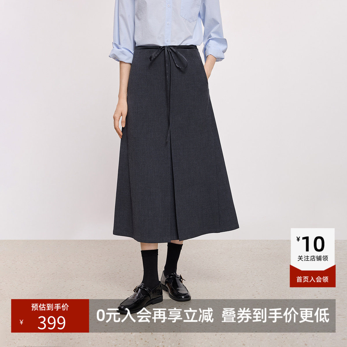 LILY新款格雷系复古高腰打褶显瘦气质通勤深色A字半身裙女