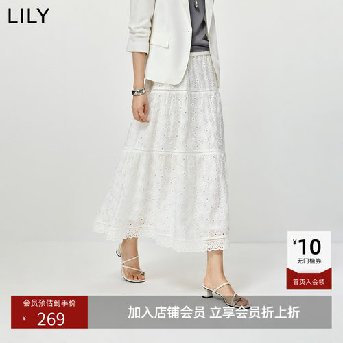 LILY2026夏新款莱赛尔混纺法式重工镂空绣花气质通勤白色半身裙女