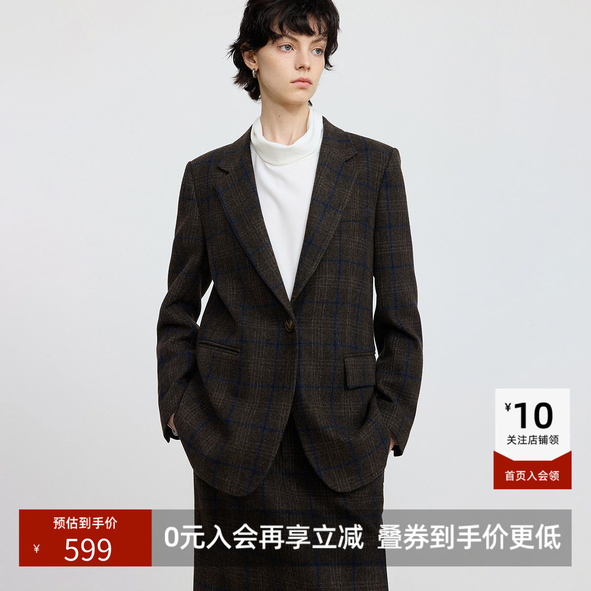LILY新款羊毛混纺复古学院风格纹气质通勤高级感西装外套女