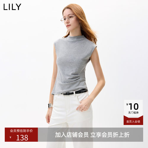 LILY2026秋新款含莱赛尔简约半高领不对称收腰修身无袖T恤女短款